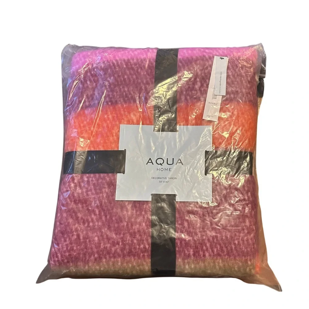 Aqua Faux Mohair Multi Colored Decorative Throw Blanket w/Fringe, 50” x 60”